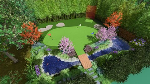 Custom backyard putting green, pond, wooden bridge, colorful trees and sand traps. Residential landscaping near me| Down To Earth Landscaping | Jackson New Jersey, USA (732) 833-7702