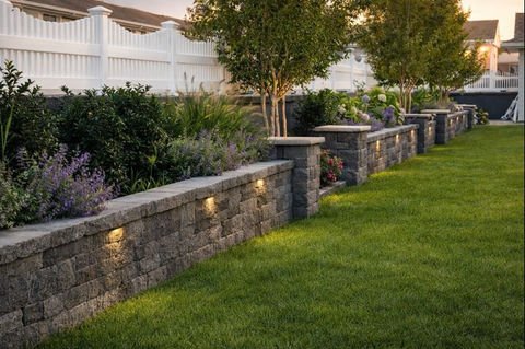 Stone retaining wall with integrated lighting, lush landscaping, and green lawn. Residential landscaping near me| Down To Earth Landscaping | Jackson New Jersey, USA (732) 833-7702