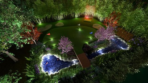 Luxurious mini-golf course with illuminated ponds, bridge, and lush landscaping. Residential landscaping near me| Down To Earth Landscaping | Jackson New Jersey, USA (732) 833-7702