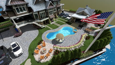 Spacious luxury house with pool, patio, cars, and American flag. Residential landscaping near me| Down To Earth Landscaping | Jackson New Jersey, USA (732) 833-7702